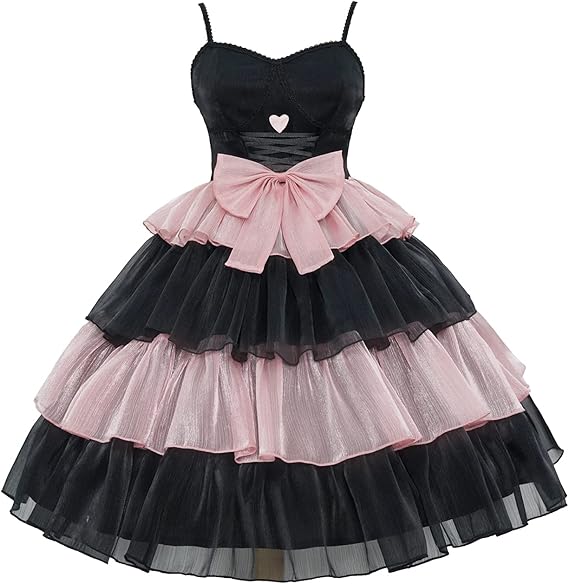 Womens Lolita Dress for Girl Gothic Pink Puff Sleeve Dress with Bow
