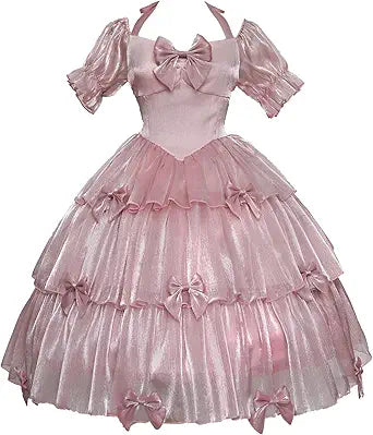 Womens Lolita Dress for Girl Gothic Pink Puff Sleeve Dress with Bow