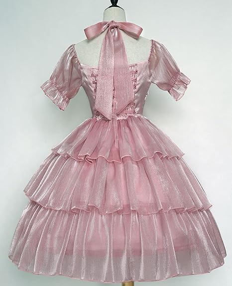 Womens Lolita Dress for Girl Gothic Pink Puff Sleeve Dress with Bow