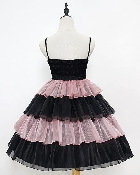 Womens Lolita Dress for Girl Gothic Pink Puff Sleeve Dress with Bow