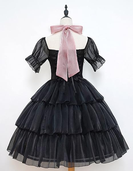 Womens Lolita Dress for Girl Gothic Pink Puff Sleeve Dress with Bow