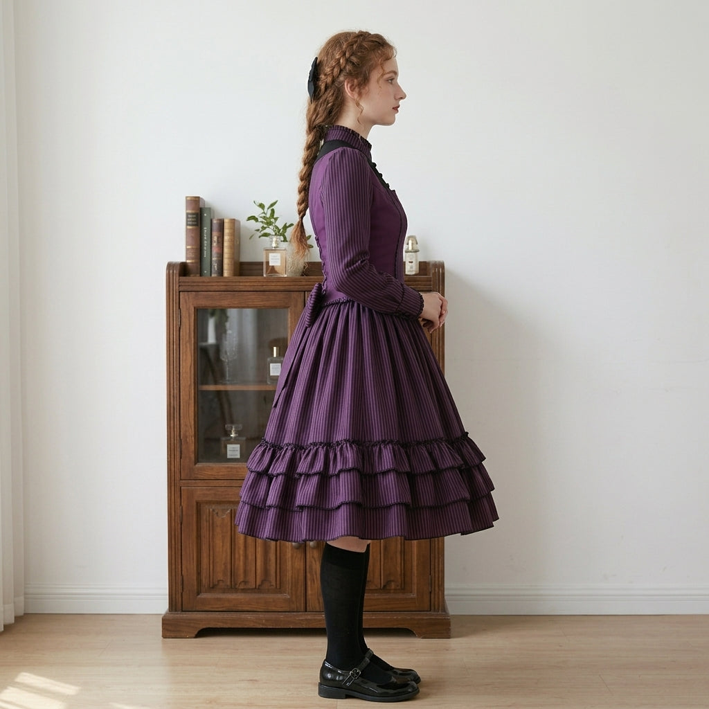 Womens Lolita Dress for Girl Gothic Purple Long Sleeve Dress with Bow