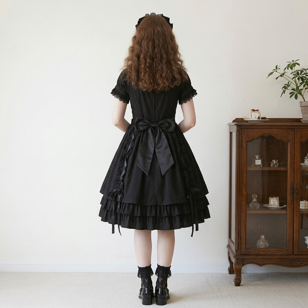 Gothic Black Lolita Dress Women Puff Sleeve Lace OP Dress with Bow