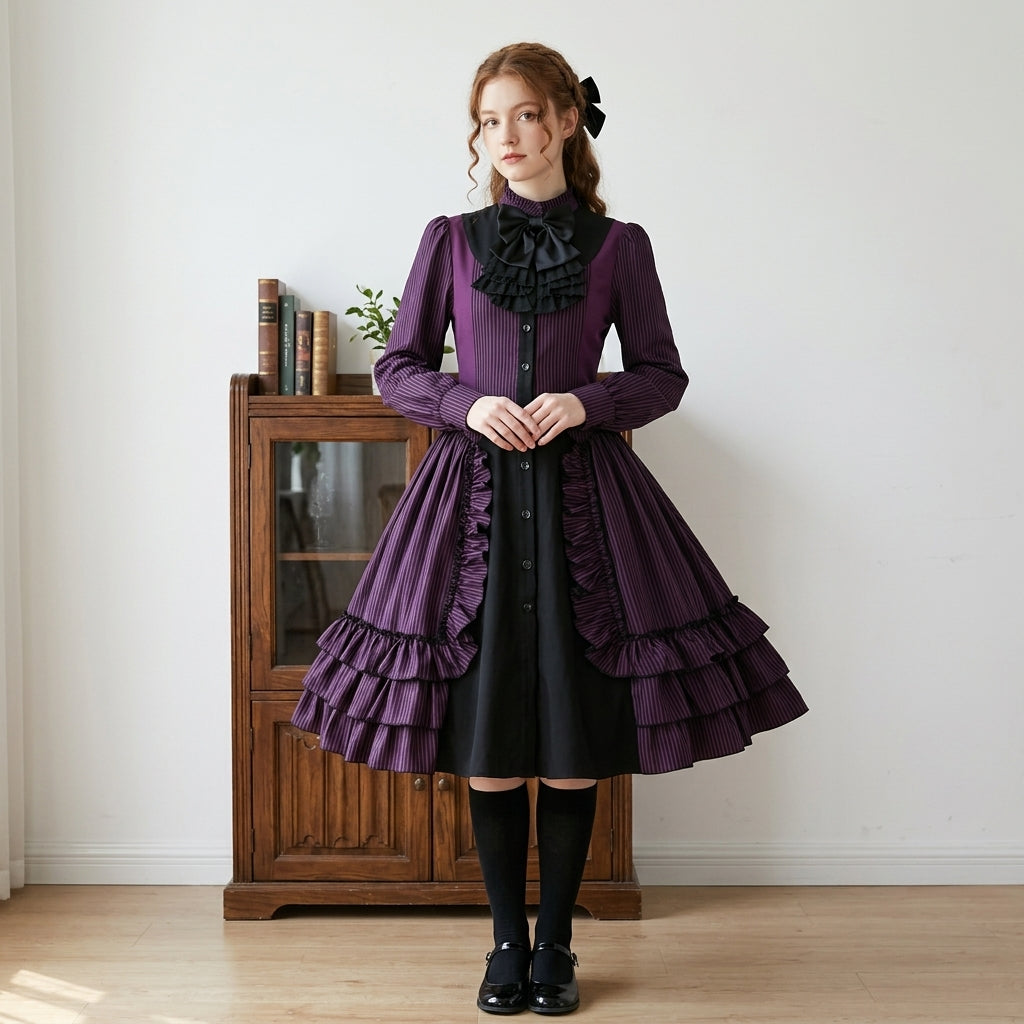 Womens Lolita Dress for Girl Gothic Purple Long Sleeve Dress with Bow