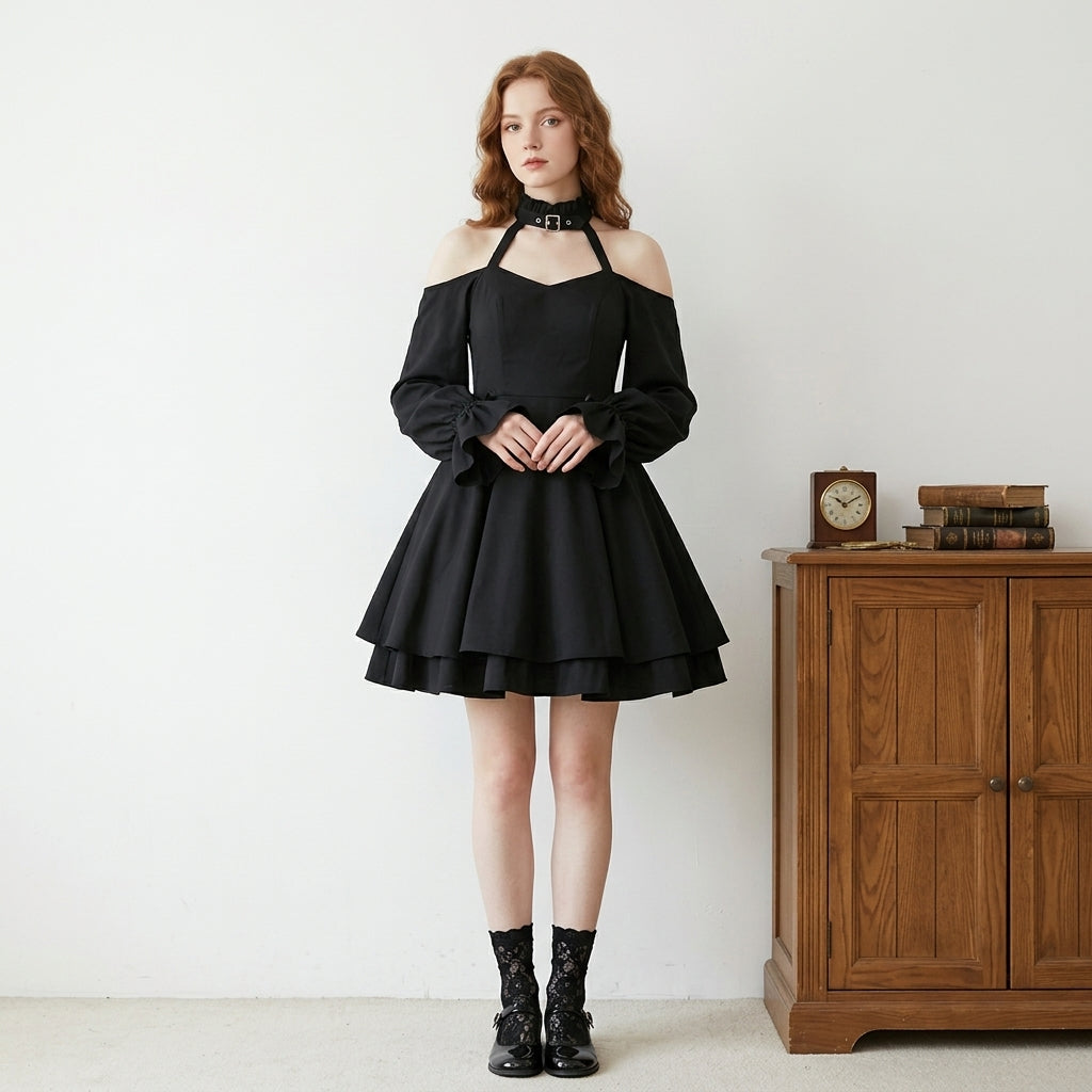 Womens Gothic Lolita Off-Shoulder Black Dress with Choker