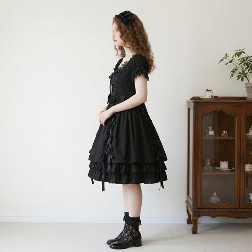 Gothic Black Lolita Dress Women Puff Sleeve Lace OP Dress with Bow