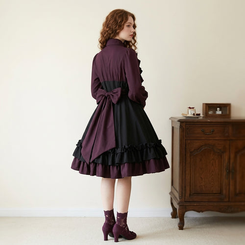 Dark Purple Gothic Lolita Dress Vintage Puff Sleeve Ruffle OP Dress with Bow
