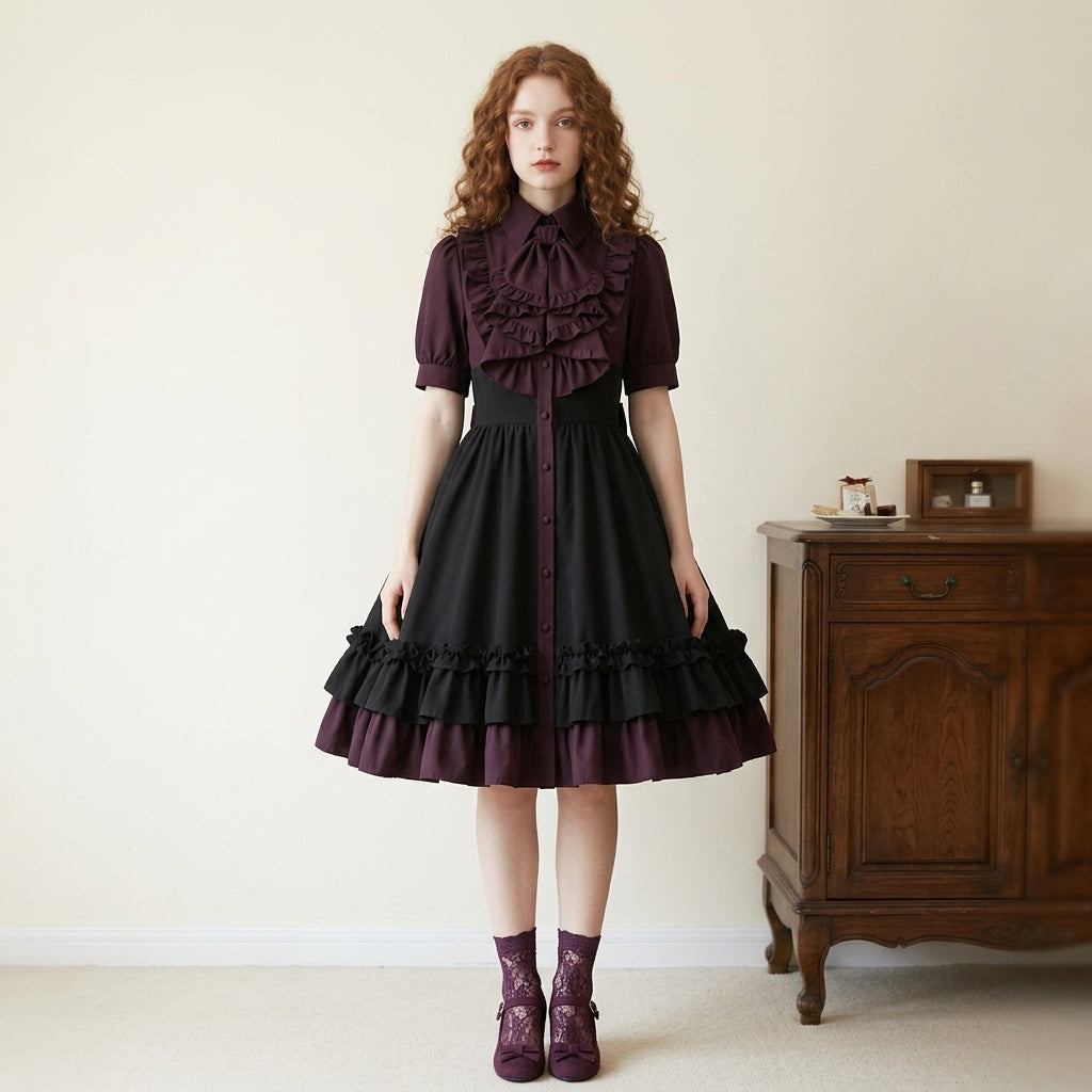 Dark Purple Gothic Lolita Dress Vintage Puff Sleeve Ruffle OP Dress with Bow