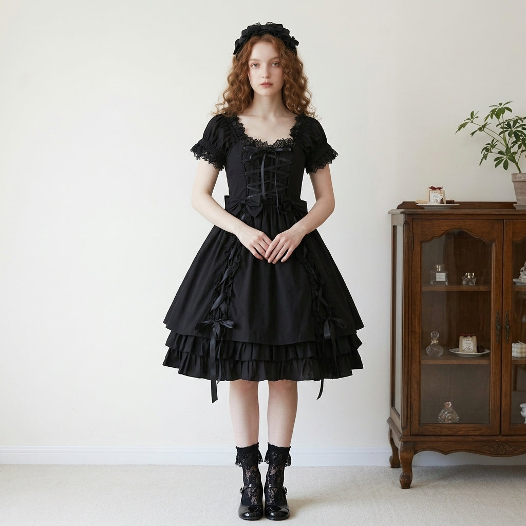 Gothic Black Lolita Dress Women Puff Sleeve Lace OP Dress with Bow