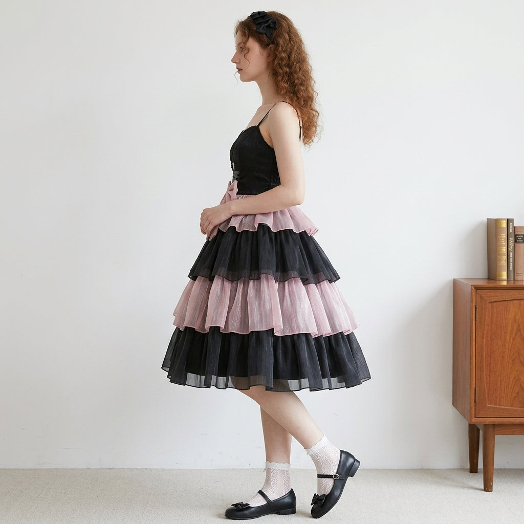 Womens Lolita Dress for Girl Gothic Pink Puff Sleeve Dress with Bow