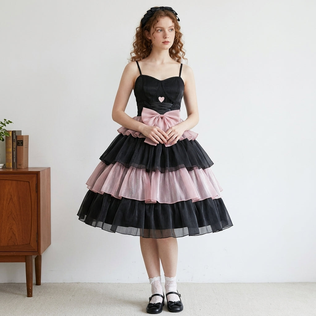 Womens Lolita Dress for Girl Gothic Pink Puff Sleeve Dress with Bow