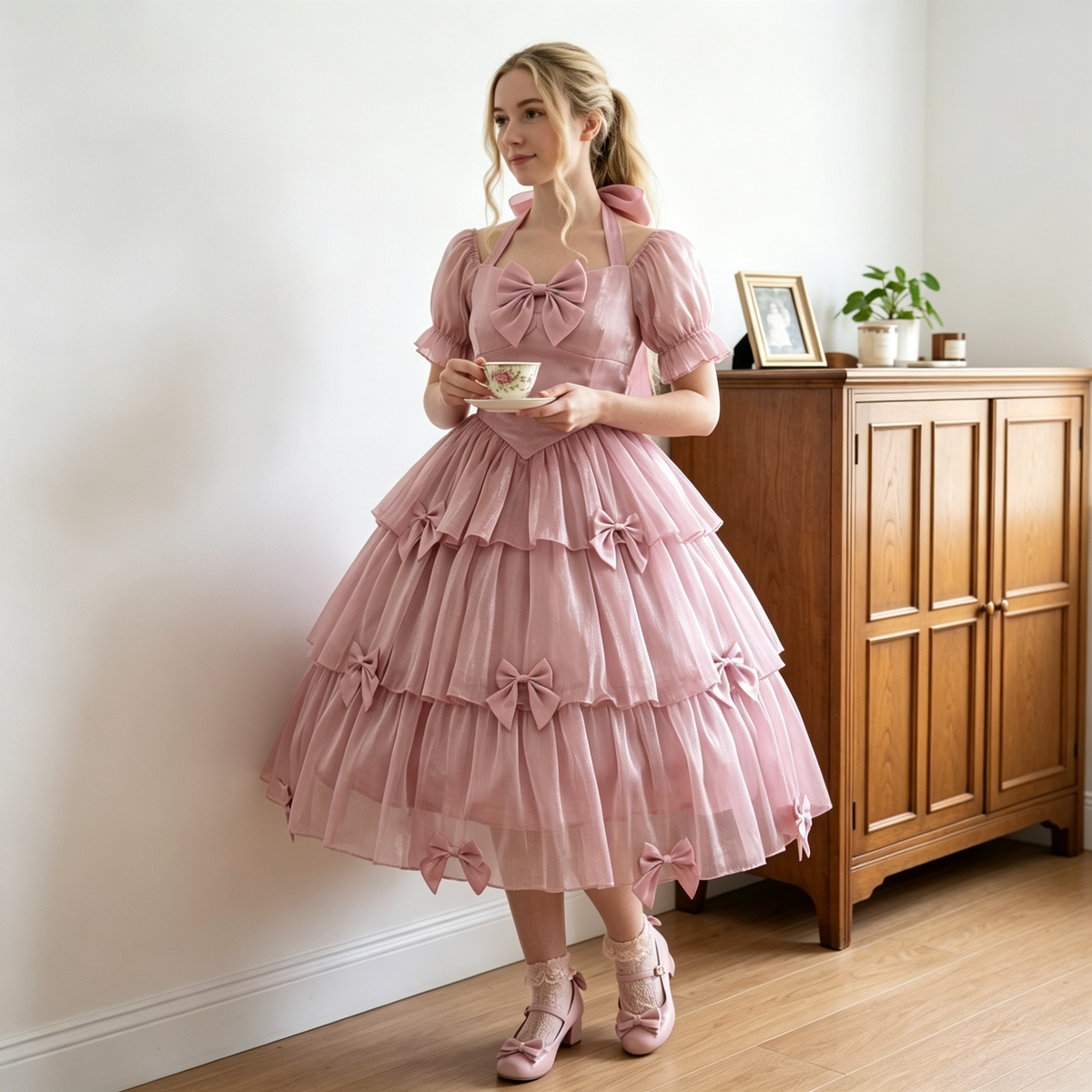 Womens Lolita Dress for Girl Gothic Pink Puff Sleeve Dress with Bow