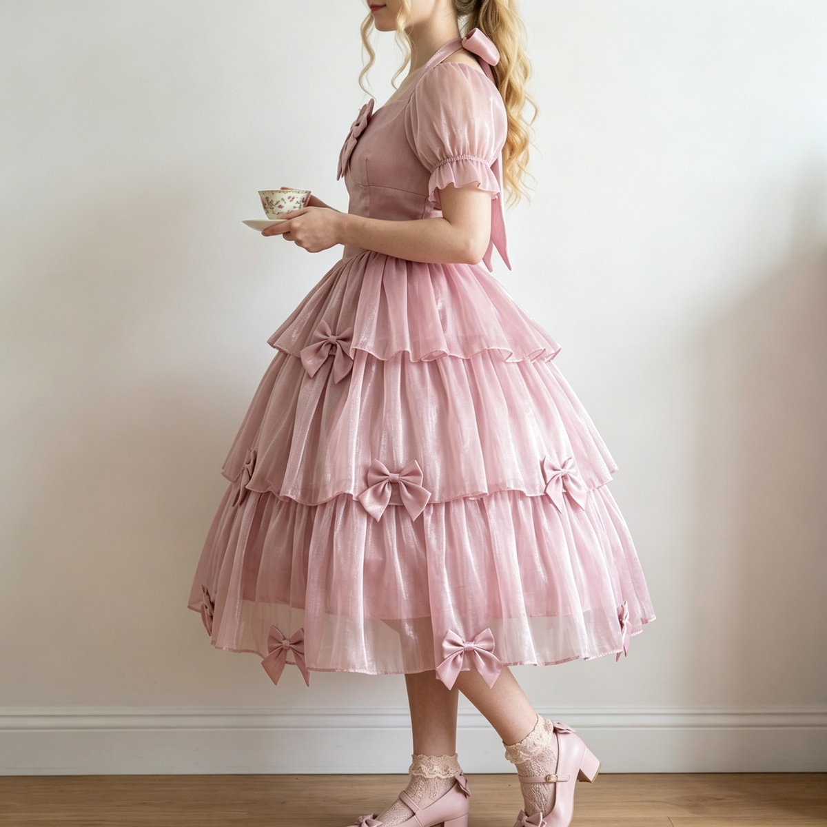 Womens Lolita Dress for Girl Gothic Pink Puff Sleeve Dress with Bow