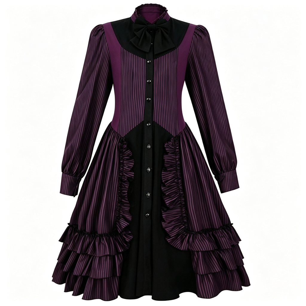 Womens Lolita Dress for Girl Gothic Purple Long Sleeve Dress with Bow