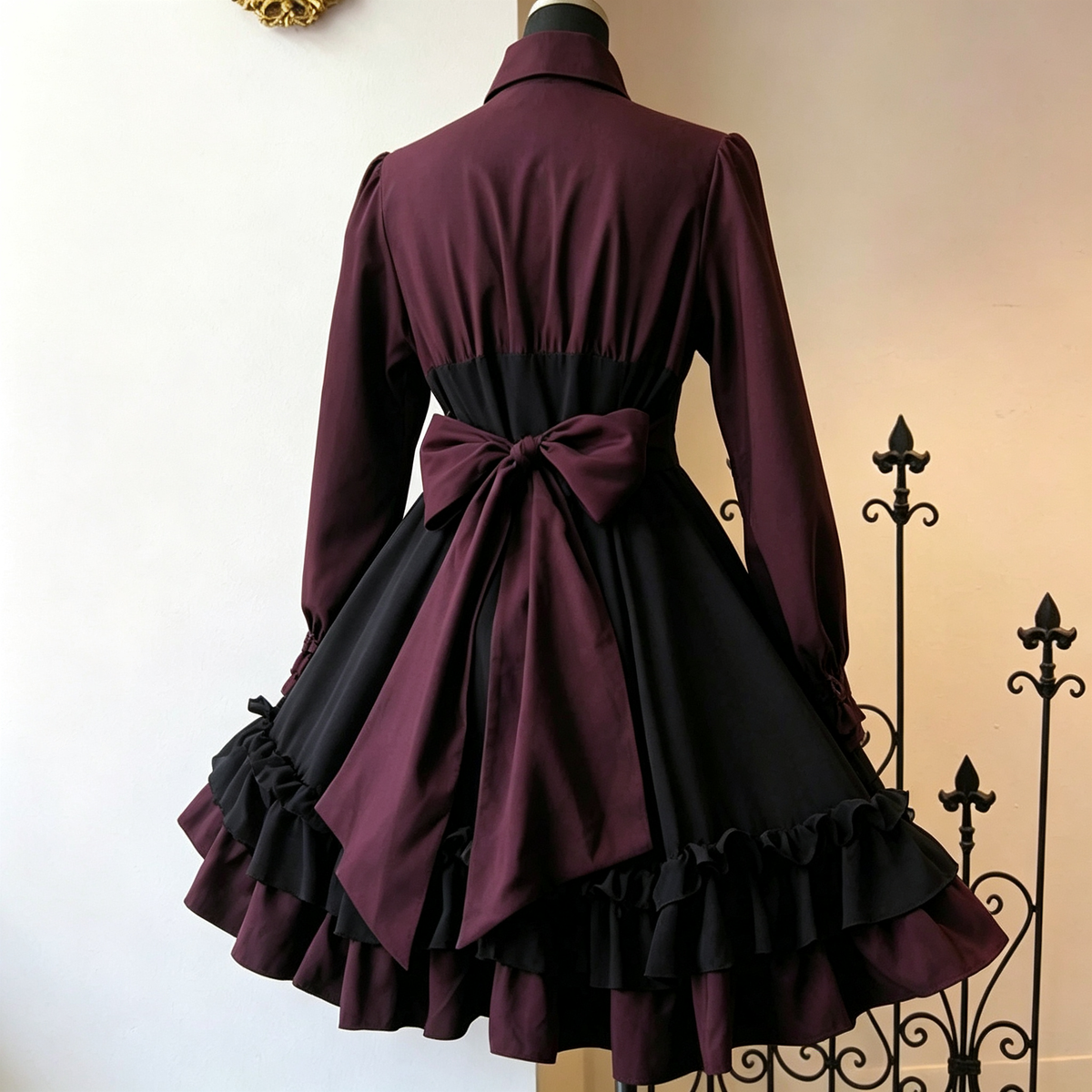 Dark Purple Gothic Lolita Dress Vintage Puff Sleeve Ruffle OP Dress with Bow