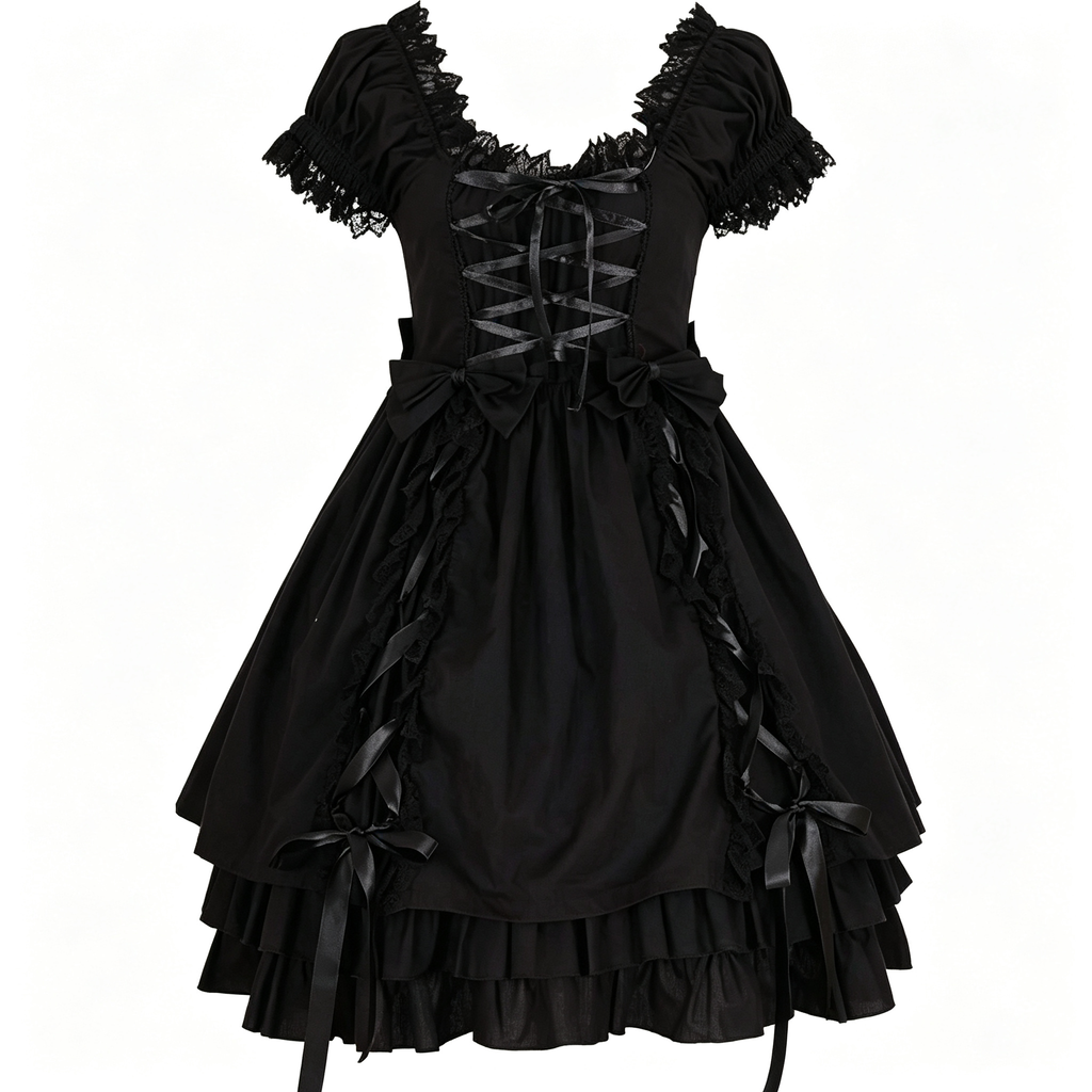 Gothic Black Lolita Dress Women Puff Sleeve Lace OP Dress with Bow
