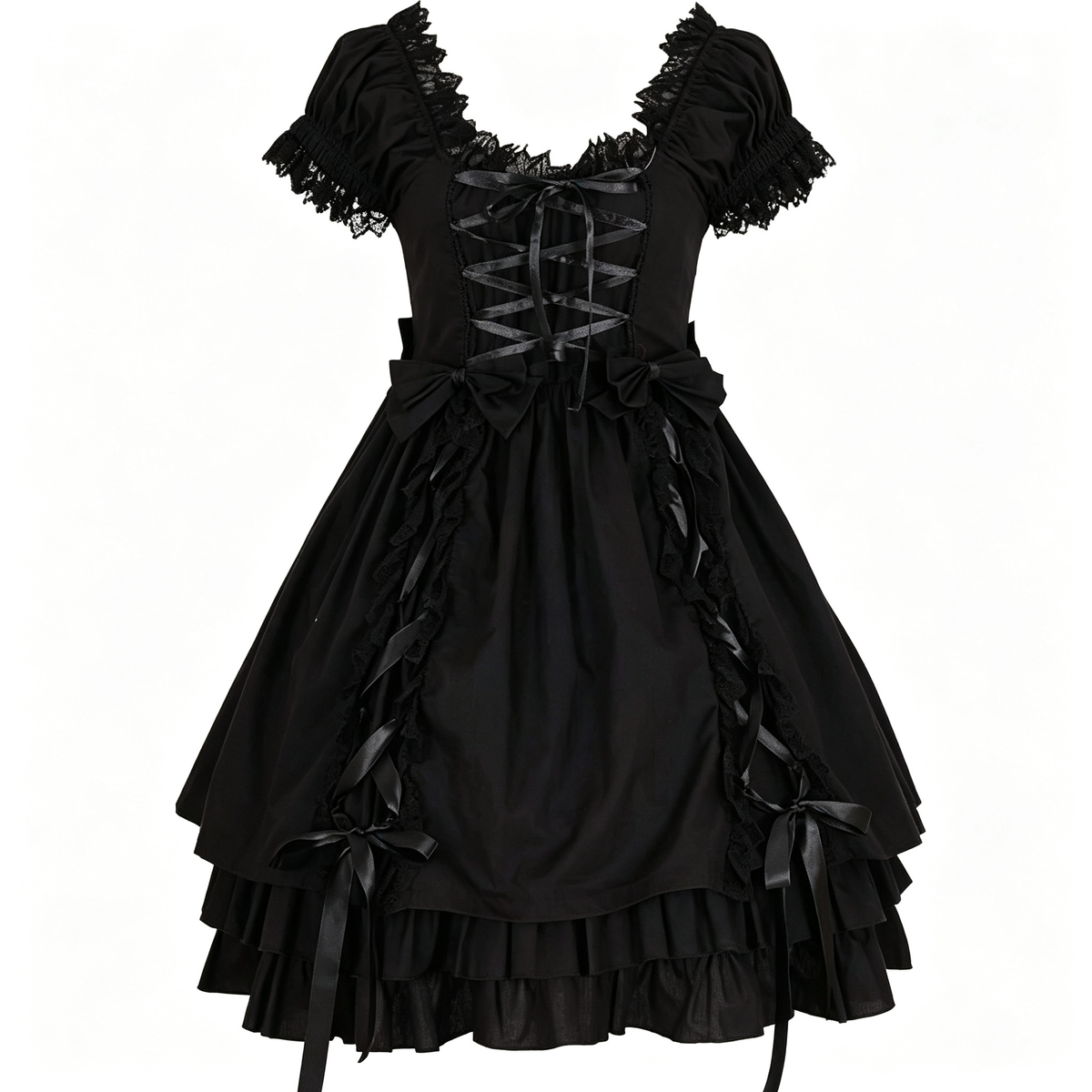 Gothic Black Lolita Dress Women Puff Sleeve Lace OP Dress with Bow