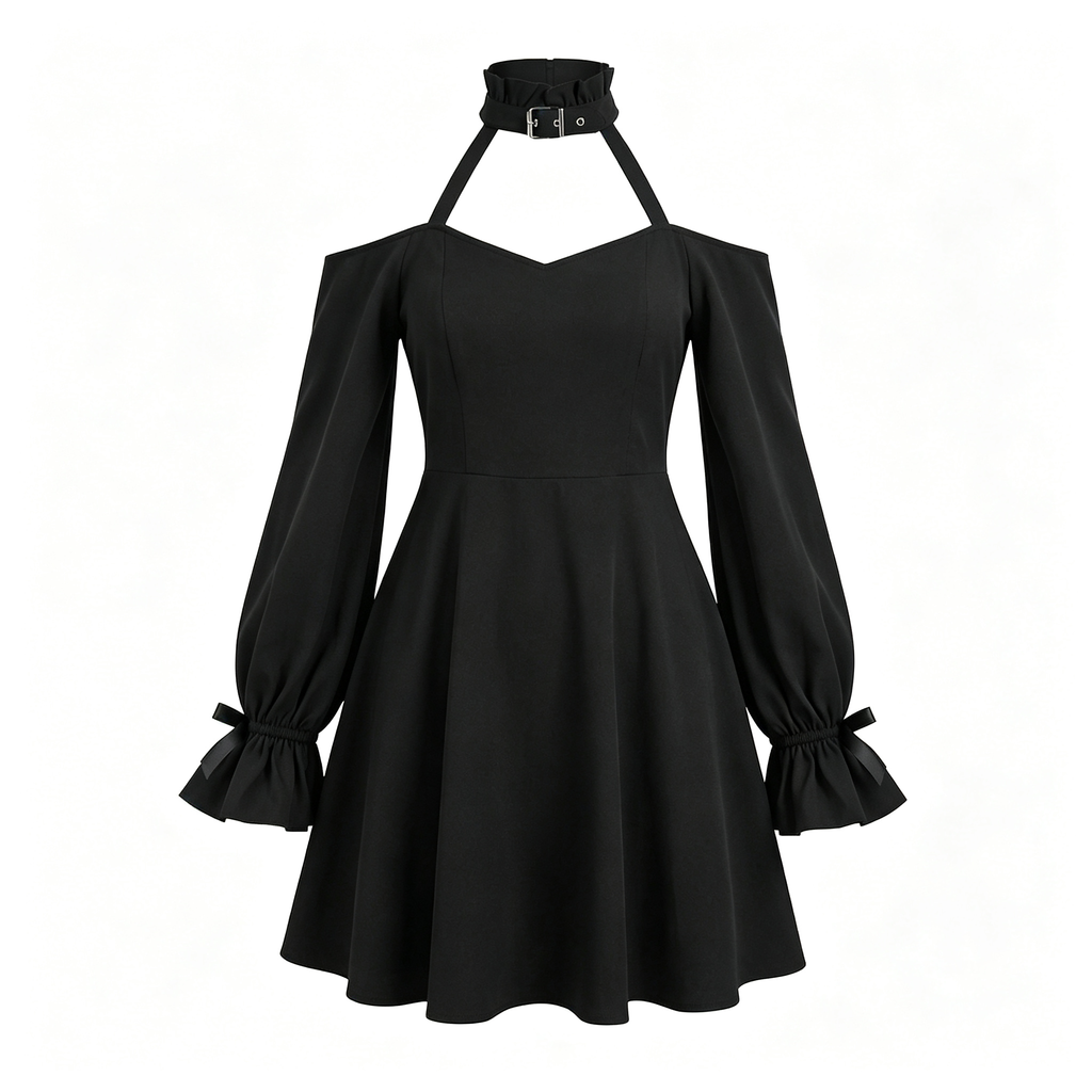Womens Gothic Lolita Off-Shoulder Black Dress with Choker