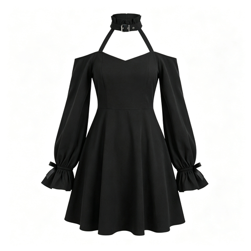 Womens Gothic Lolita Off-Shoulder Black Dress with Choker