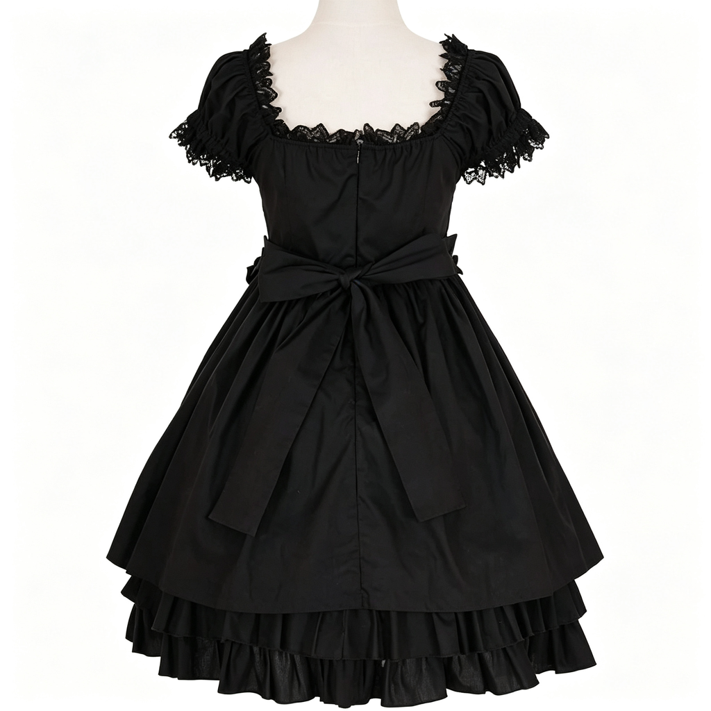 Gothic Black Lolita Dress Women Puff Sleeve Lace OP Dress with Bow