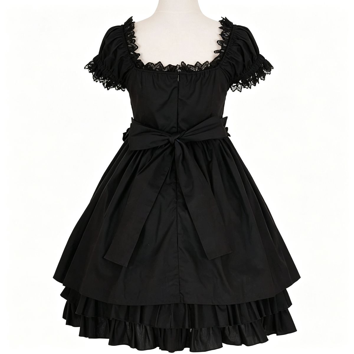 Gothic Black Lolita Dress Women Puff Sleeve Lace OP Dress with Bow