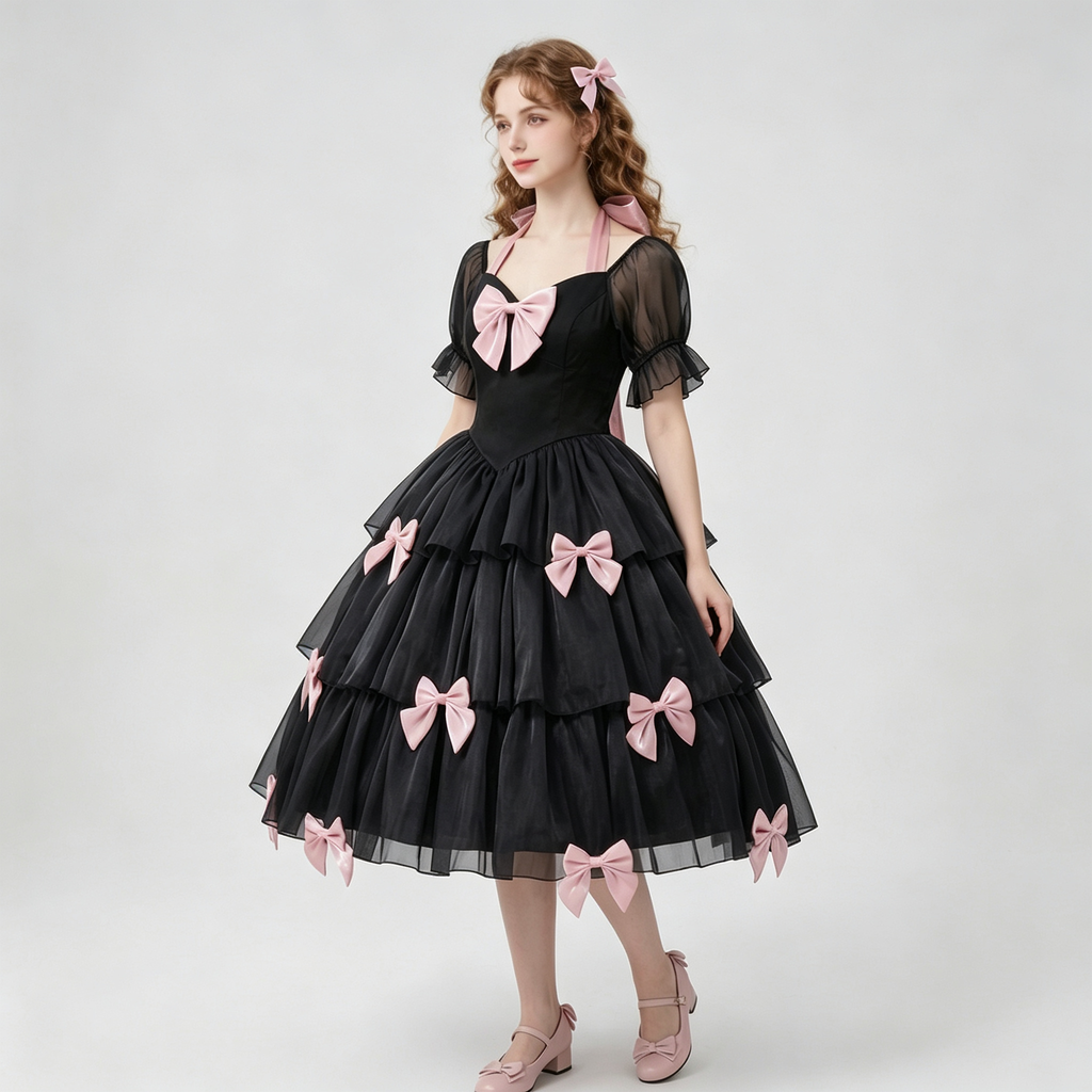 Womens Lolita Dress for Girl Gothic Pink Puff Sleeve Dress with Bow