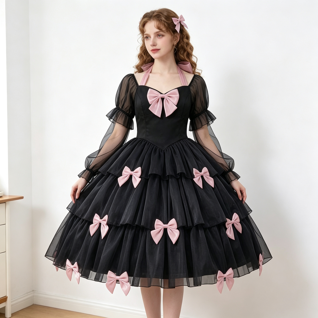 Womens Lolita Dress for Girl Gothic Pink Puff Sleeve Dress with Bow