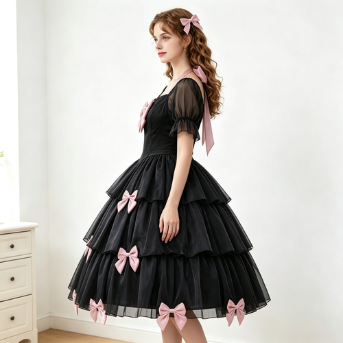 Womens Lolita Dress for Girl Gothic Pink Puff Sleeve Dress with Bow